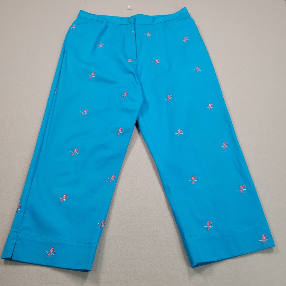 Sag Harbor Sport Womens Blue Parrot Embroidered Crop Pants Size 12 Turquoise